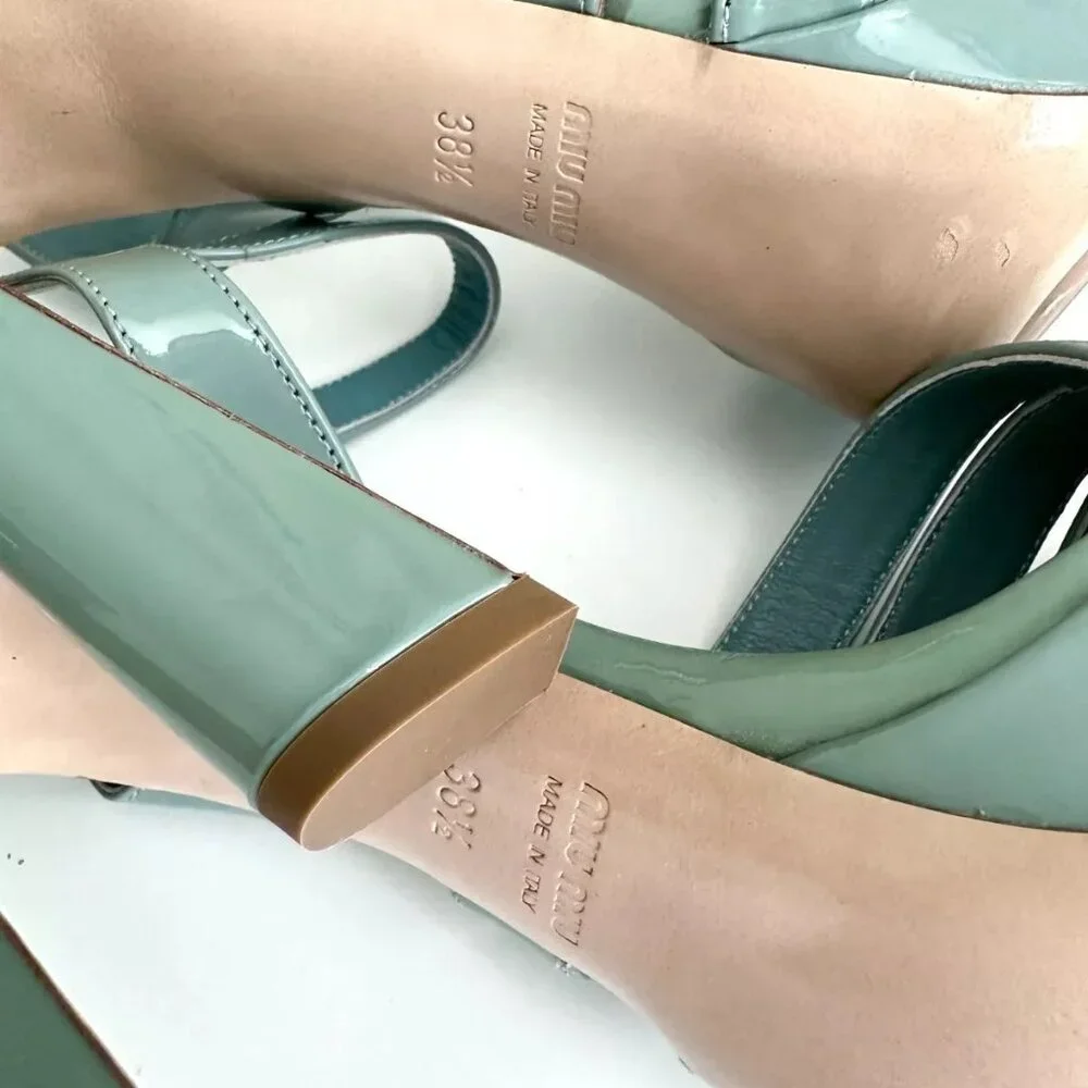 NEW MIU MIU Seafoam Blue Patent Leather Ankle Strap Platform Sandals Size 8.5